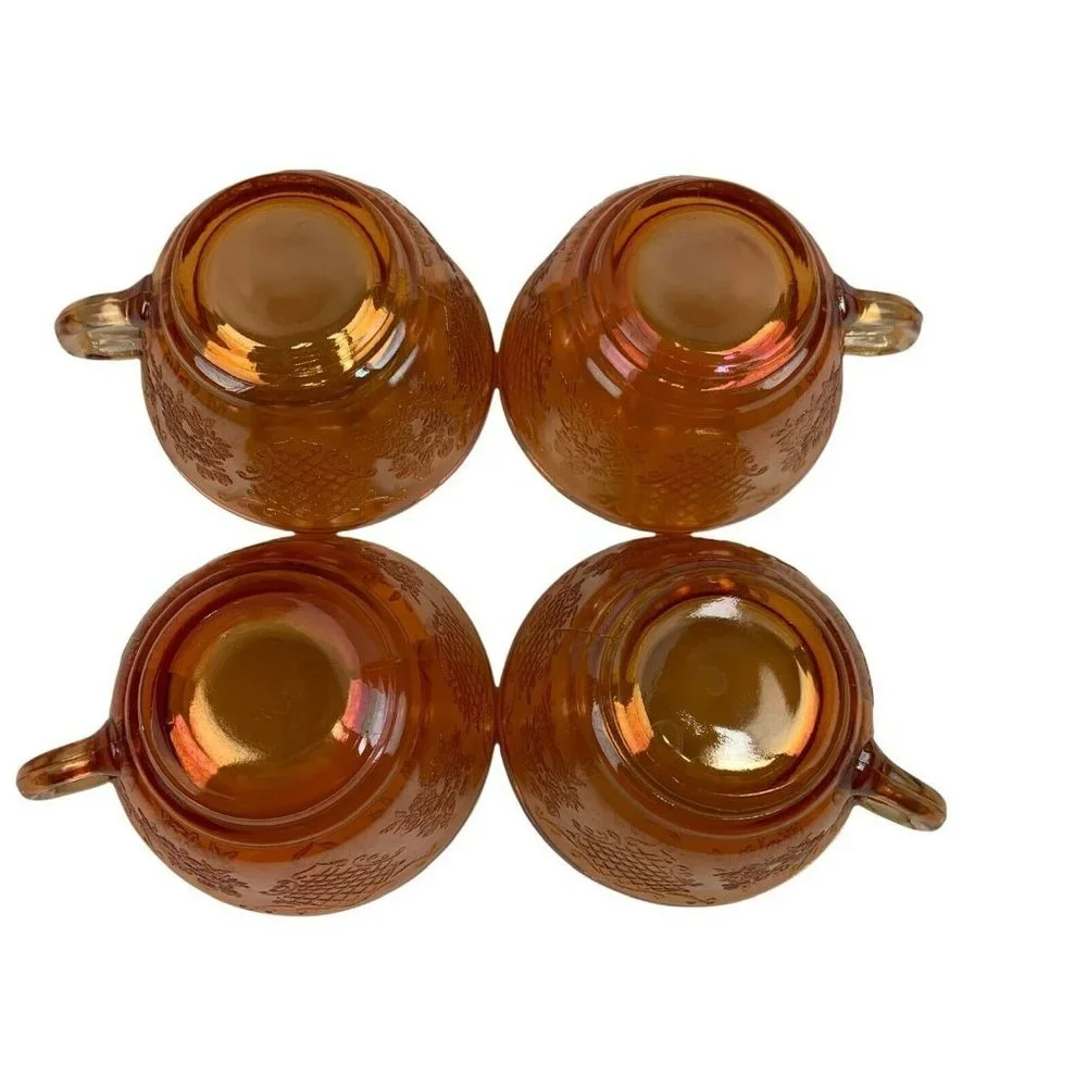 Vintage Iridescent Orange Pressed Glass Teacups Set of 4 Floral 7 oz Cottagecore